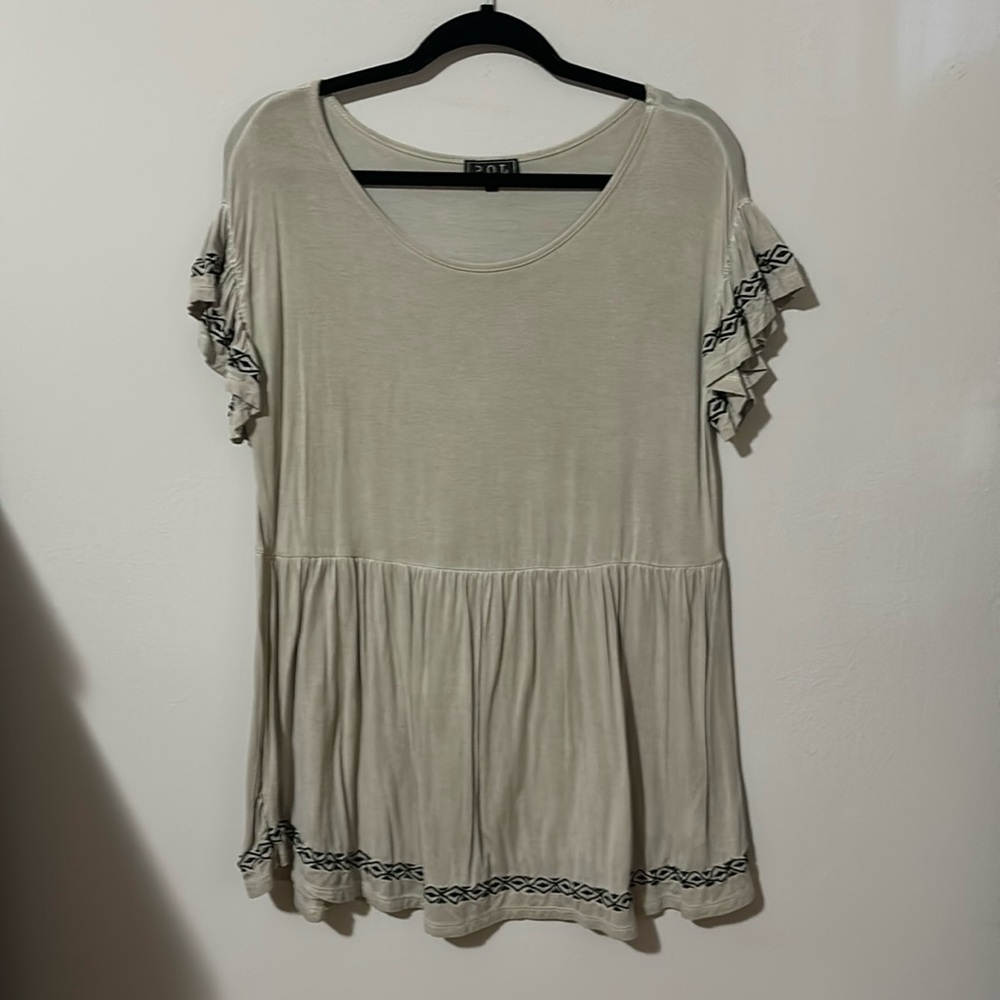 POL Cream Ruffle Sleeve Peplum Top with Black Trim
